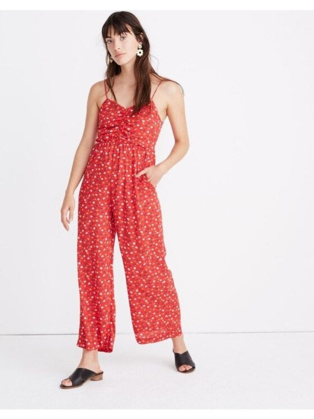 Madewell 2 red posies ruched sleeveless wide leg jumpsuit casual summer boho